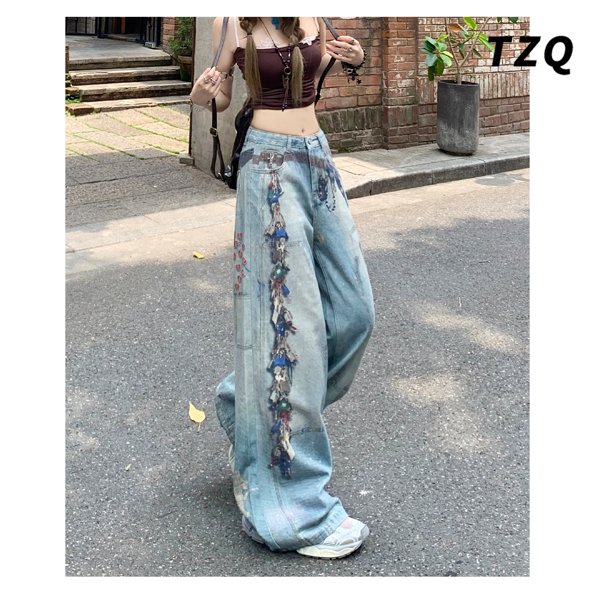 美式薄款印花牛仔裤女夏季新款梨形身材显瘦直筒阔腿裤TZQ2571503