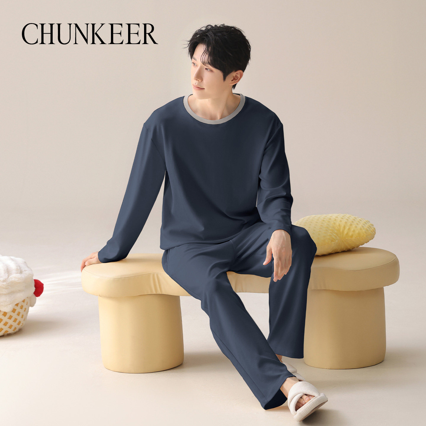 CHUNKEER春秋款纯棉男士套头睡衣新款宽松长袖圆领家居服套装