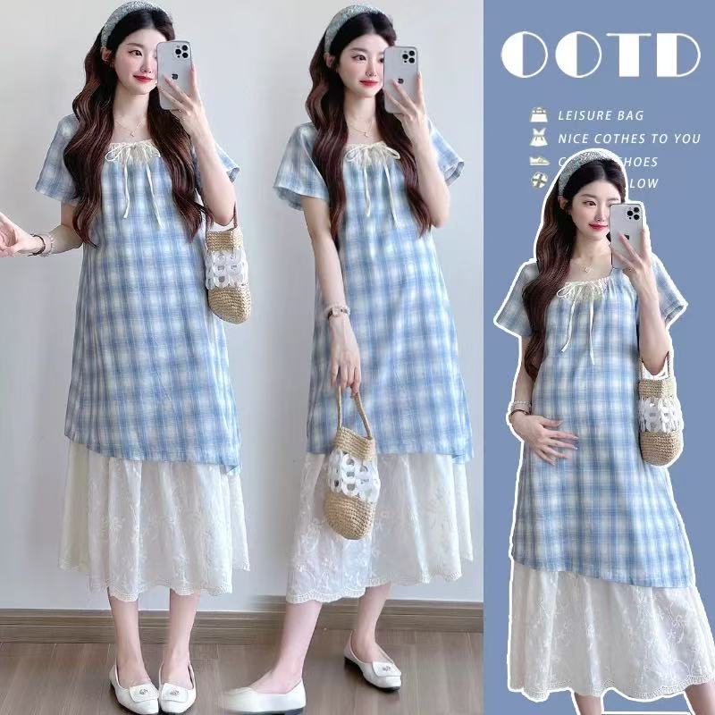 2025夏季新款孕妇装时尚格子假两件拼接蕾丝小清新减龄连衣裙夏装