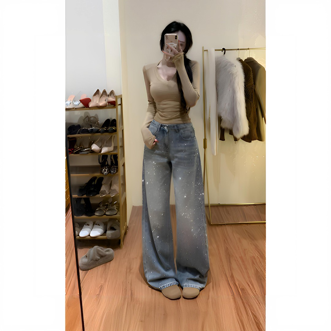 双面爆闪烫钻牛仔裤女士新款秋冬加绒裤子宽松显瘦高腰直筒阔腿裤