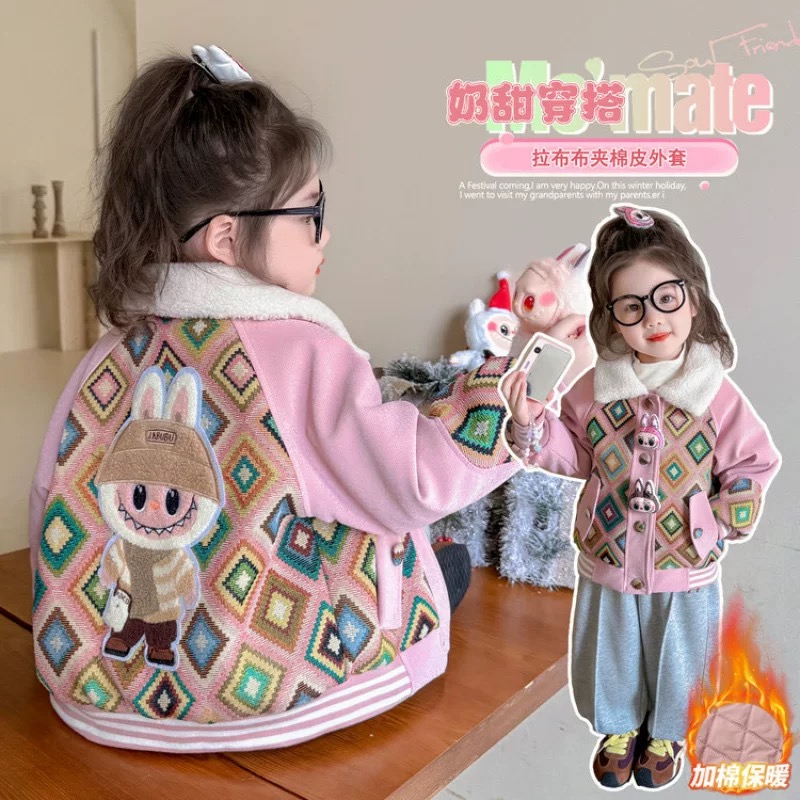 秋冬新款女童卡通外衣洋气宝宝加厚夹克儿童卡通上衣加绒保暖外套