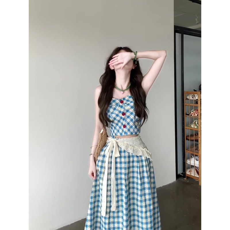 夏季新款法式复古蓝色格纹吊带背心女学院风收腰显瘦半身裙两件套