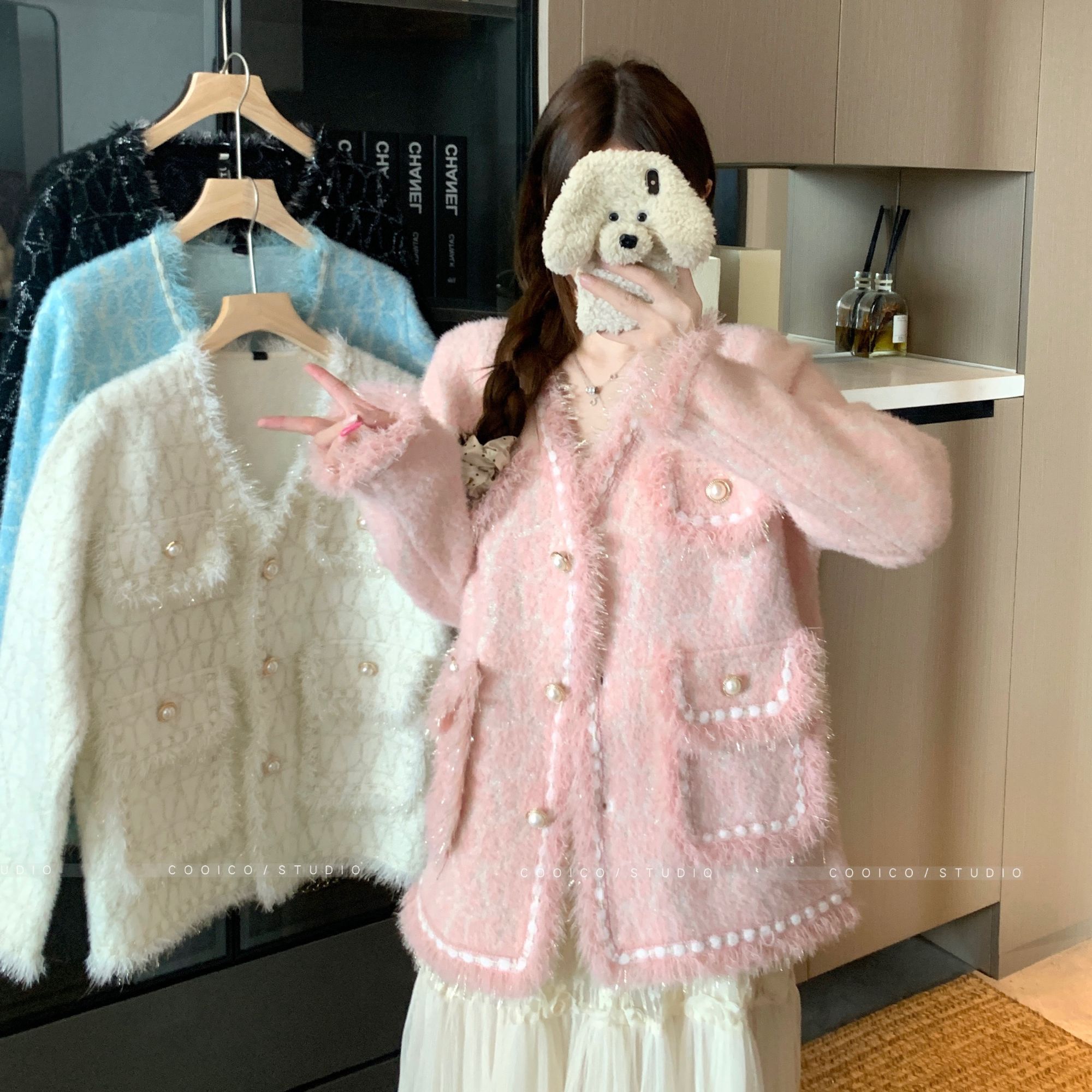 【温柔软糯仿貂绒外套】大码女装秋冬胖妹妹v领小香风微胖mm开衫