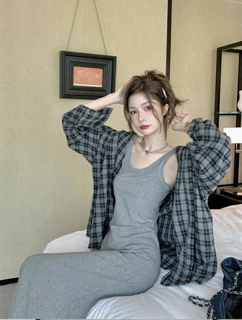 高级灰格子衬衫上衣长袖春秋夏季新款2025衬衣宽松设计感别致外套