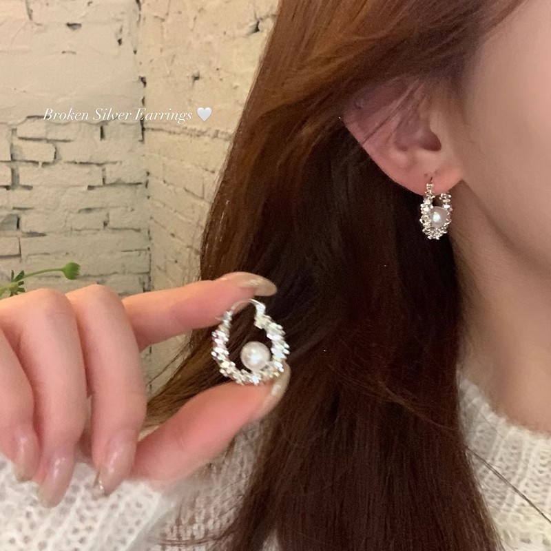 韩系爆闪碎银子仿珍珠圈圈耳扣高级感气质耳饰女独特耳环耳钉4773