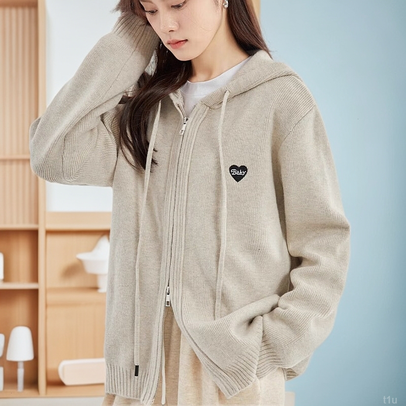 秋冬上衣刺绣百搭宽松韩版加厚保暖拉链开衫连帽针织毛衣长袖外套