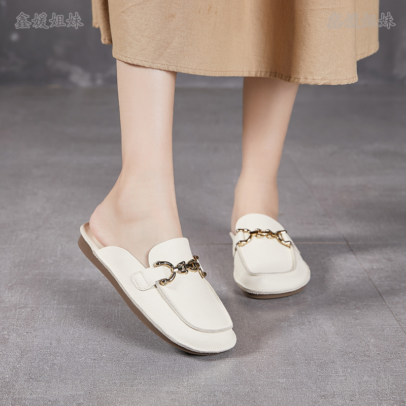 202528真皮包头拖鞋时尚百搭软底半平底方头低跟百搭小众鞋子