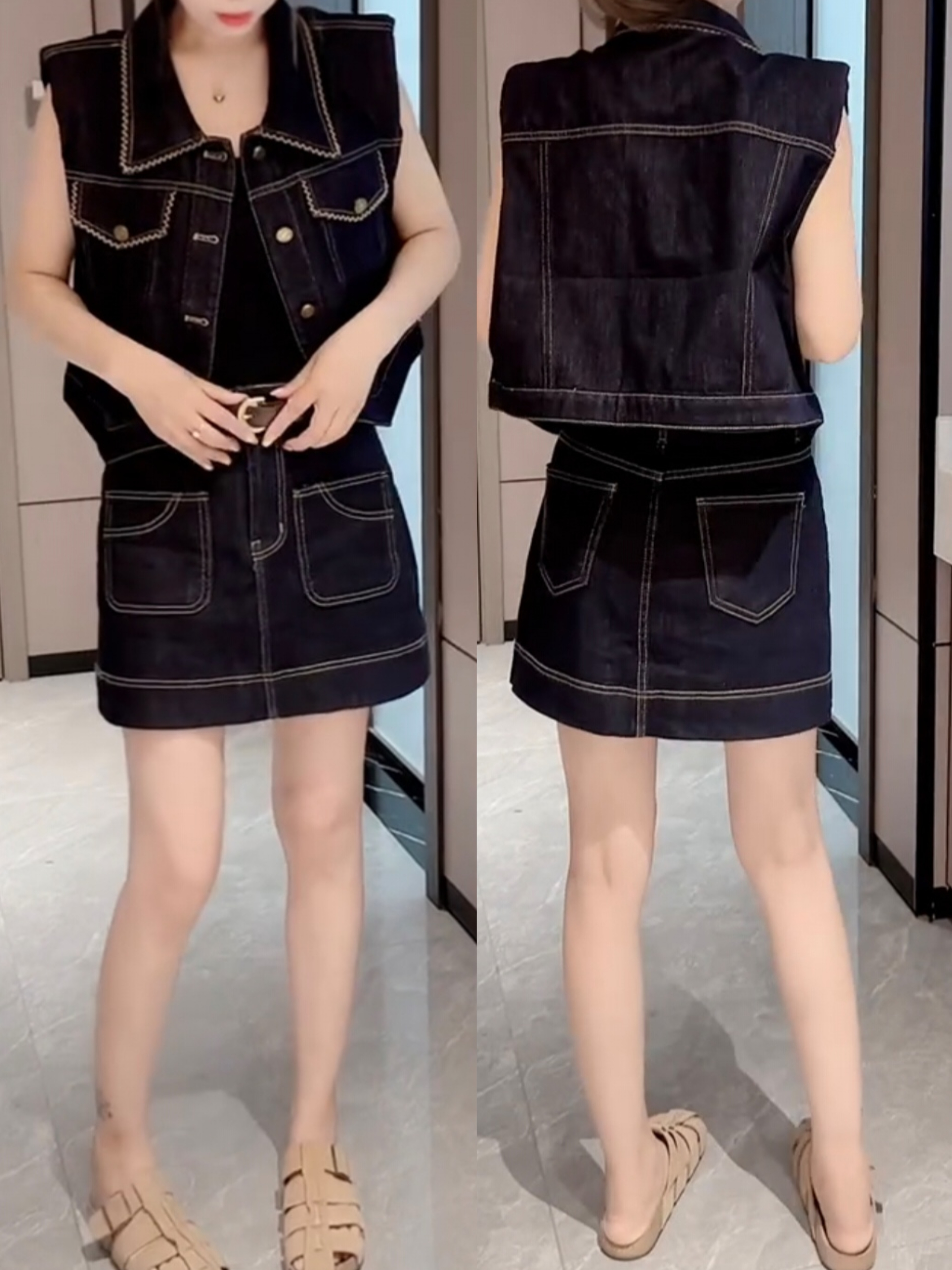 夏季新款时尚明线牛仔套裙polo领无袖洋气减龄马甲短裙显瘦两件套