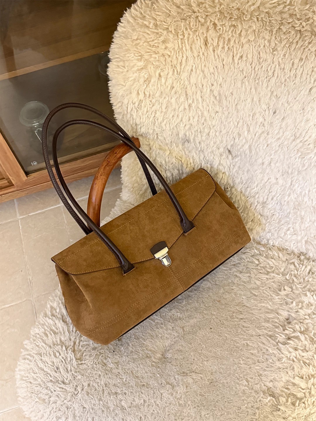 棕色麂皮高级感托特包包女2025秋冬新款百搭绒面手提单肩腋下包