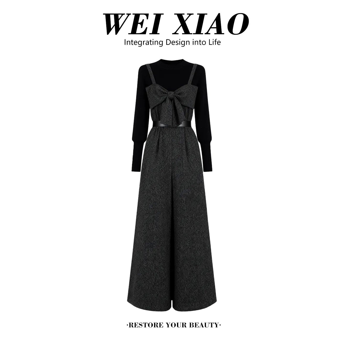 2025秋冬新款百搭简约气质上衣针织搭时尚背带裤减龄蝴蝶结两件套