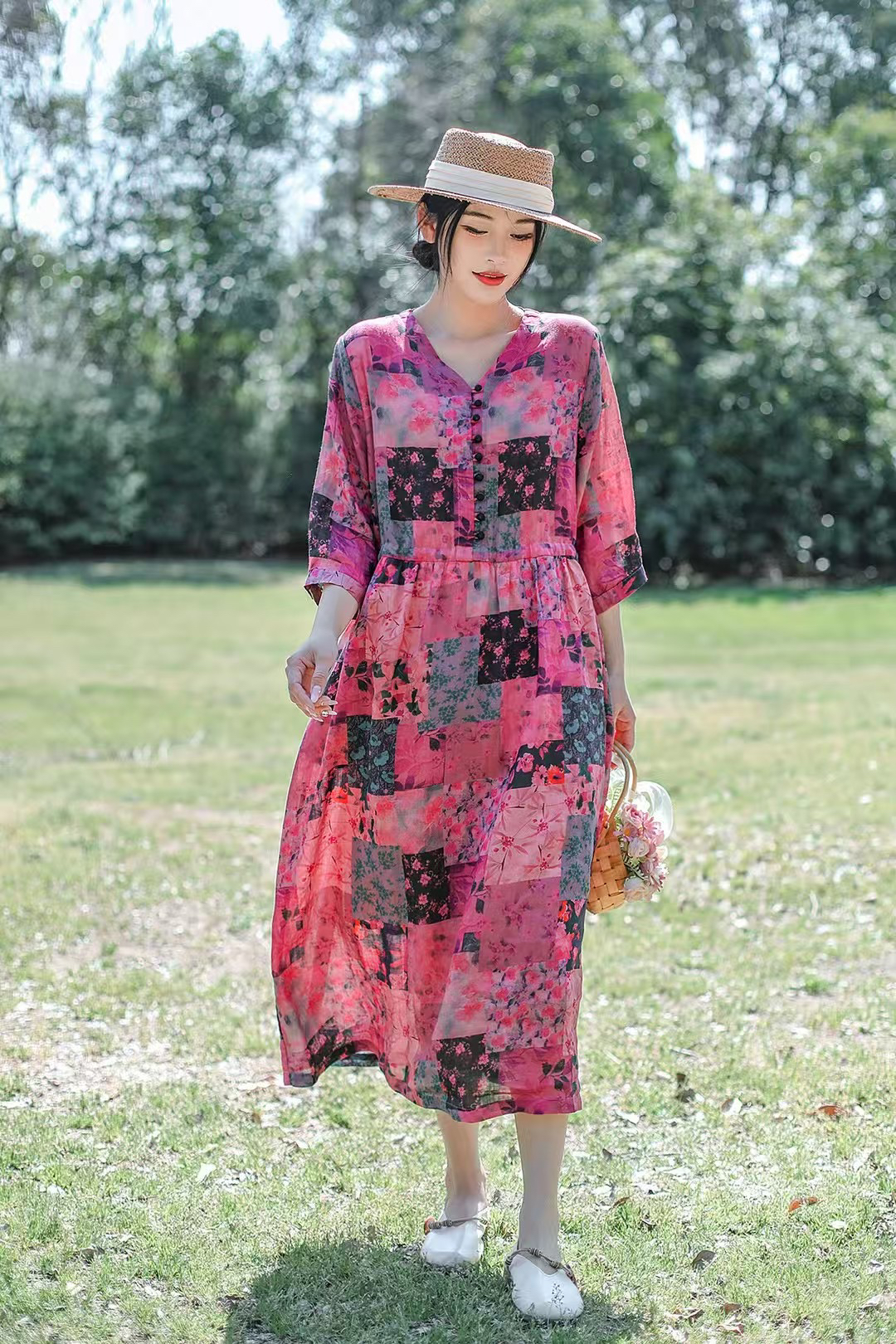 【飞花令】西缺新款春夏苎麻v领显瘦女装连衣裙印花时尚长款