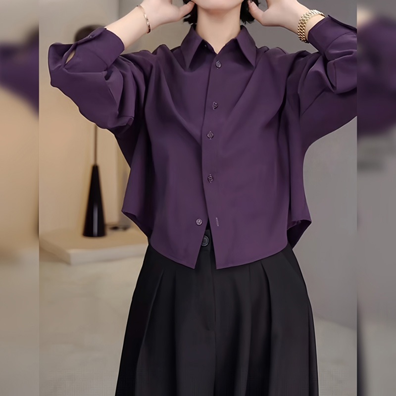 SJ-TB紫色气质长袖上衣女款早秋新款宽松翻领衬衣百搭显瘦衬衫