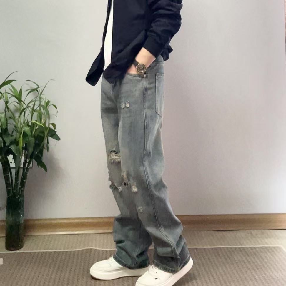 美式破洞牛仔裤男款春夏季2025新款直筒宽松阔腿休闲百搭复古潮