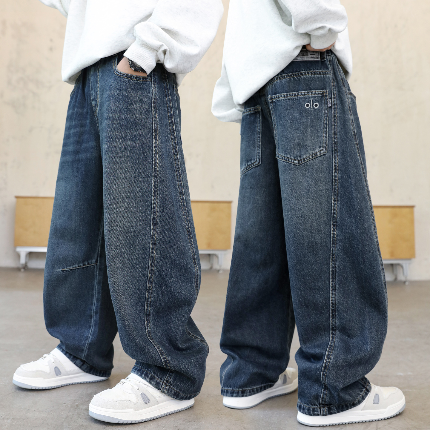 男童裤子春秋新款冬季儿童牛仔孩大童休闲直筒软厚一体初中生加绒