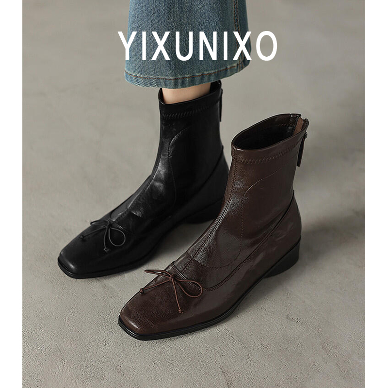 羊皮版~蝴蝶结方头马丁靴女拼接粗跟瘦瘦靴黑色秋冬厚底弹力靴