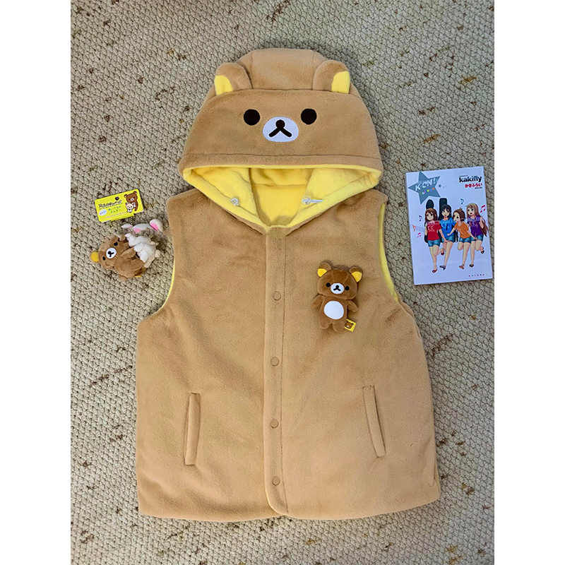 软萌轻松熊鼻孔鸡双面穿毛绒连帽马甲女秋冬小个子穿搭慵懒风外套