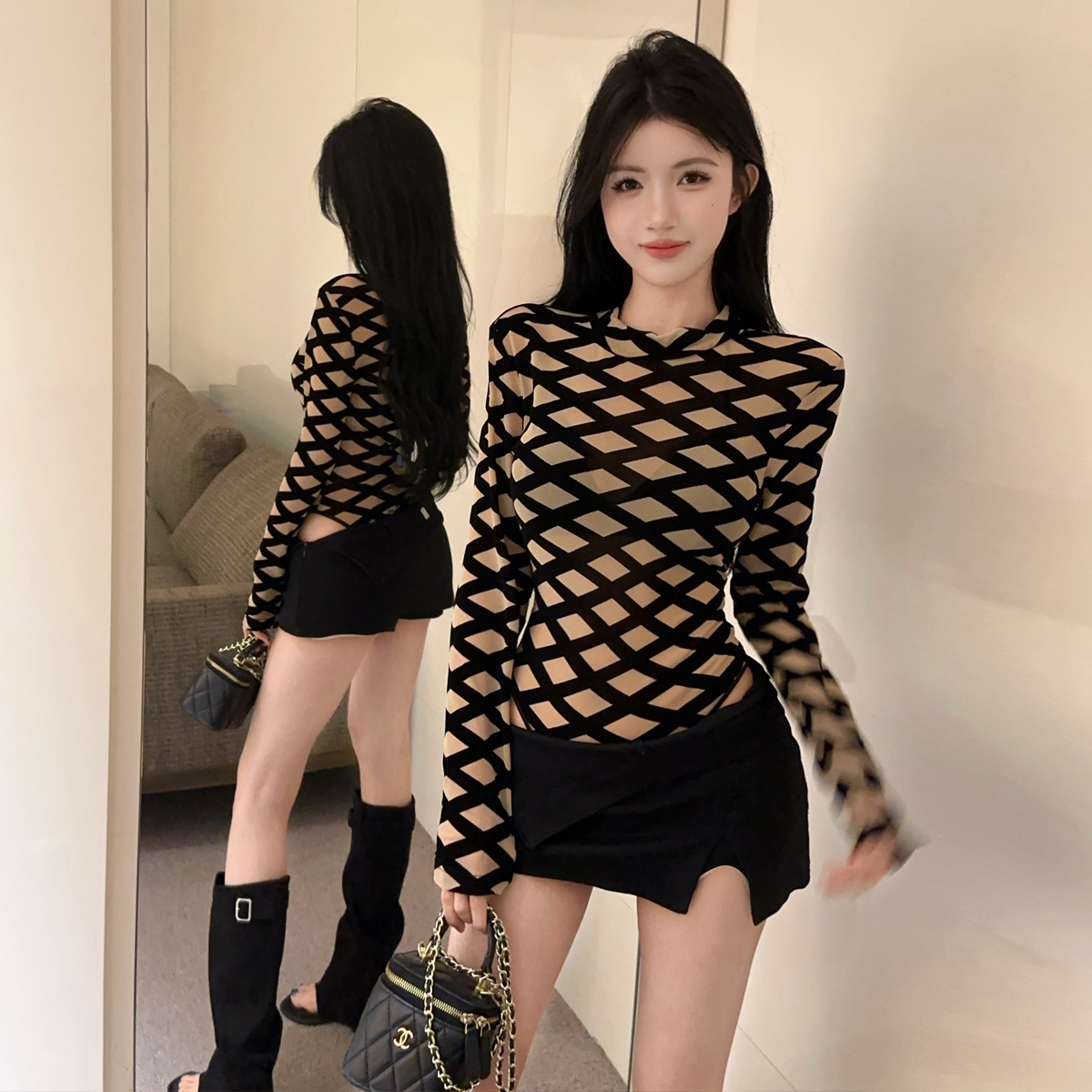 纯欲法式小心机网格设计透视修身长袖打底塑身连体衣短款裙裤套装
