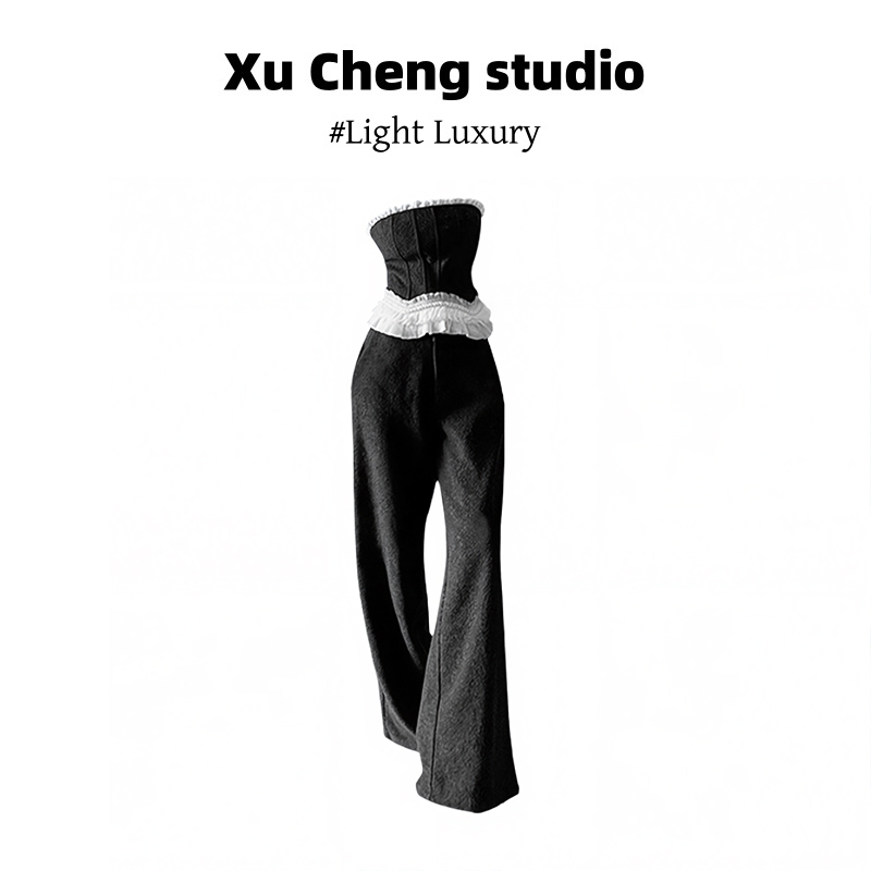 Xu Cheng不规则束腰上衣蕾丝花边拼接一字肩抹胸背心垂感高腰裤子