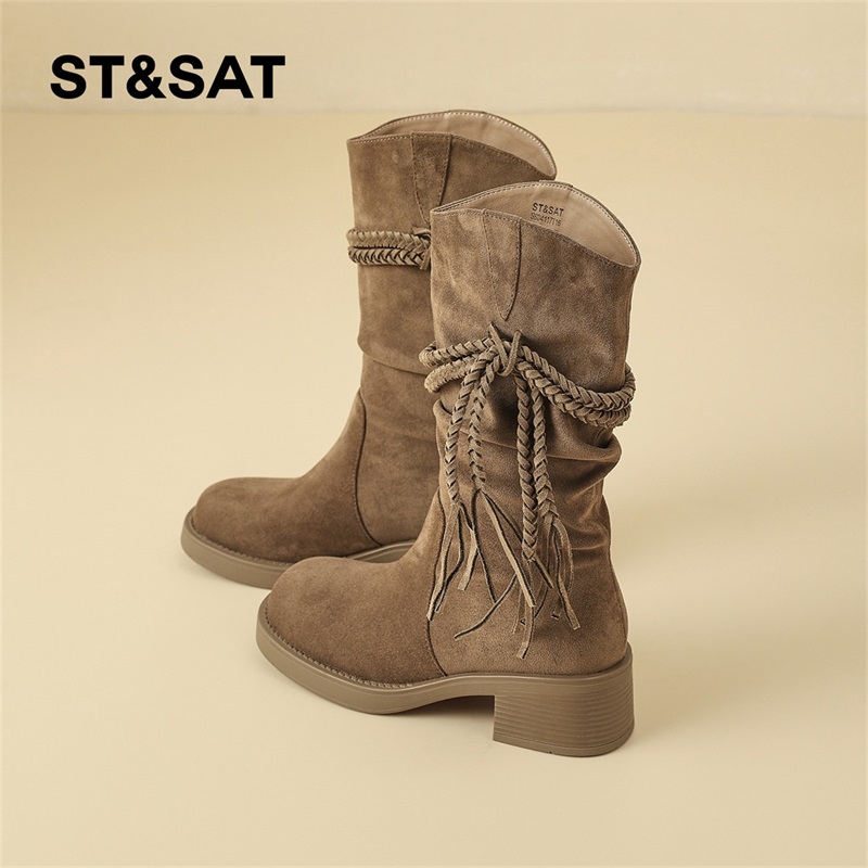 星期六废土风流苏粗跟短靴女款2025秋季新款复古时装靴显瘦西部靴