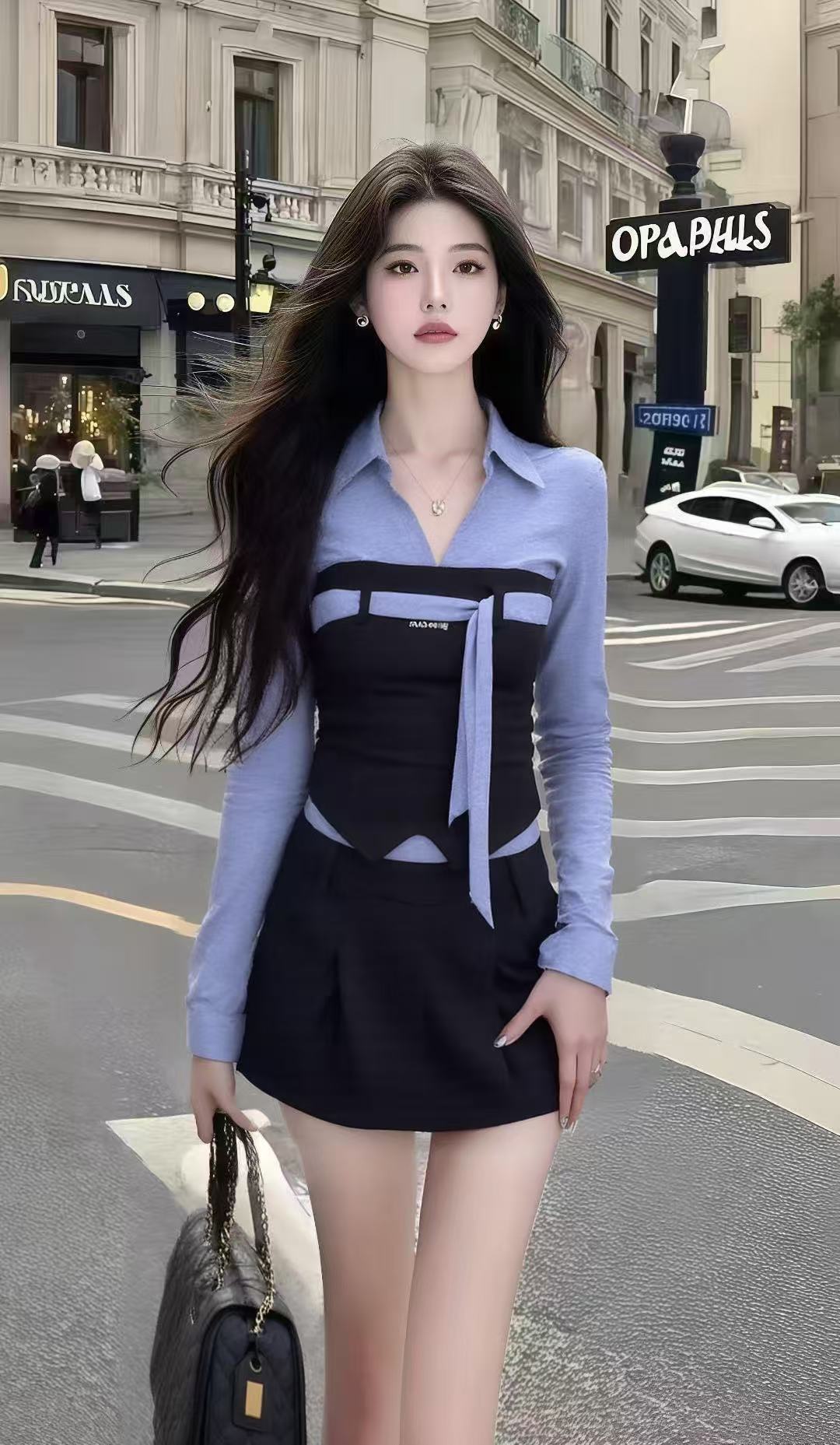 新款秋季时尚撞色修身设计感长袖V领上衣+黑色百搭半身裙两件套