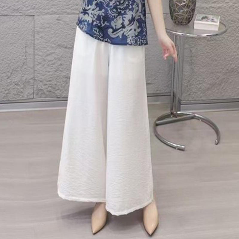 夏季新款松紧腰纯色直通阔腿裤休闲百搭显瘦裤子九分裤新中式女装