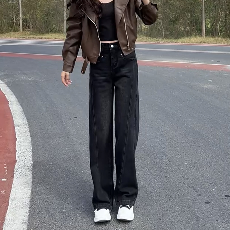 2025秋季新款减龄牛仔裤女大码显瘦直筒裤窄版阔腿裤遮肉拖地长裤