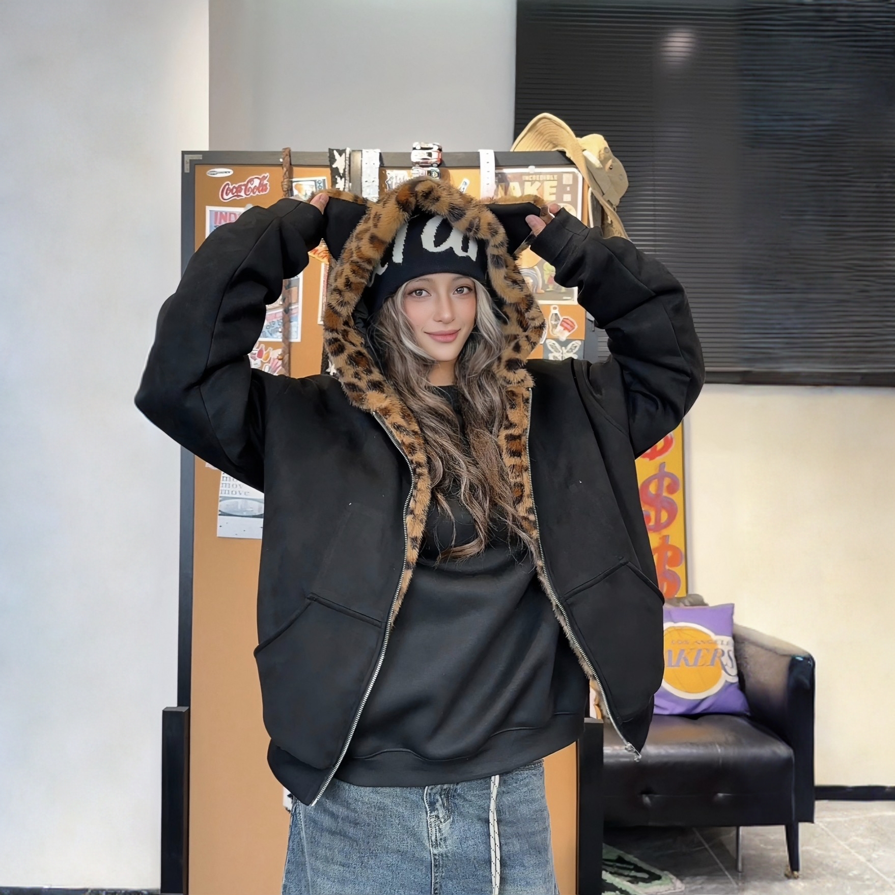 座山豹连帽豹纹PU皮双面穿加绒加厚棉服秋冬外套男女冬季保暖上衣