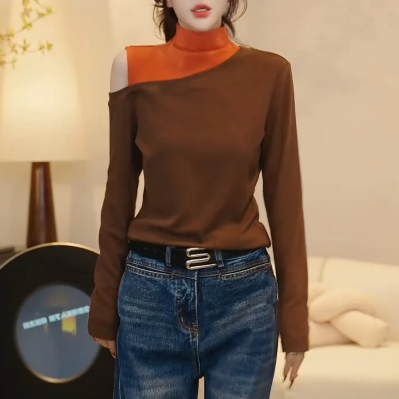 韩版半高领修身长袖套头T恤女秋季2025年新款独特百搭假两件上衣