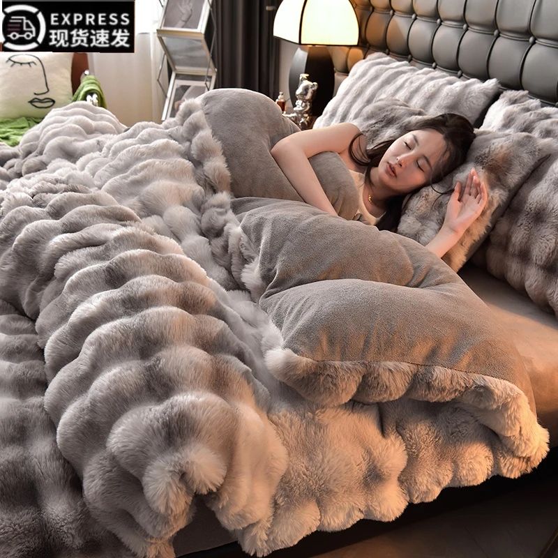 轻奢高级感兔毛绒四件套冬季加厚牛奶绒被套珊瑚绒床单款床上用品