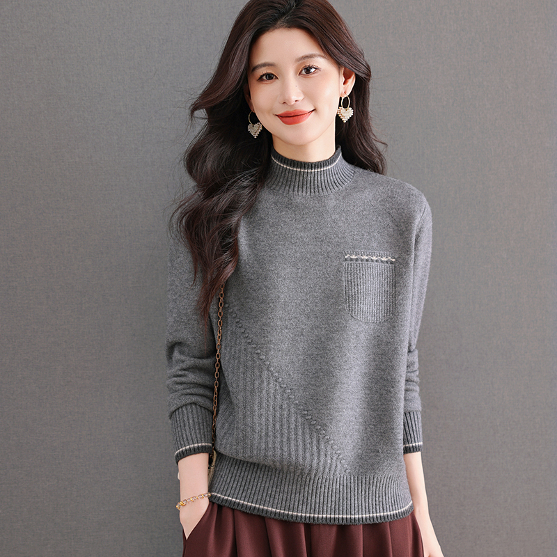 正品秋冬新款拼色假两件花纹口袋圆领针织衫洋气百搭通勤时尚上衣