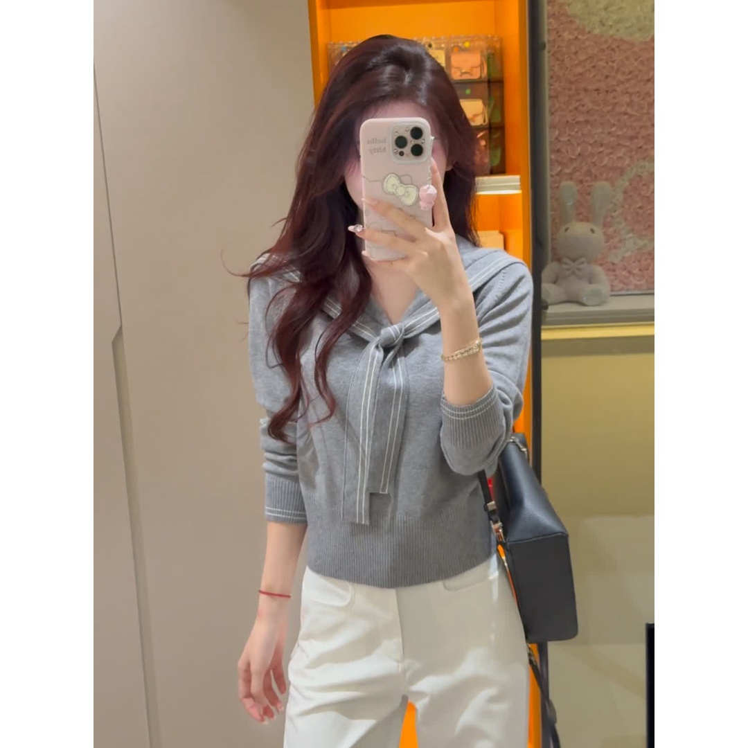 设计感系带减龄海军领长袖针织衫毛衣女秋季新款韩系时尚休闲上衣