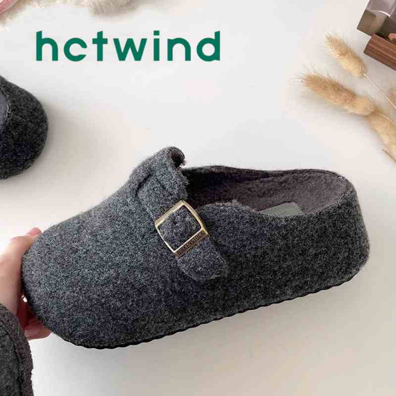 热风新款灰色勃肯鞋女厚底加绒半拖鞋2025冬季外穿毛呢鞋毛毛女鞋