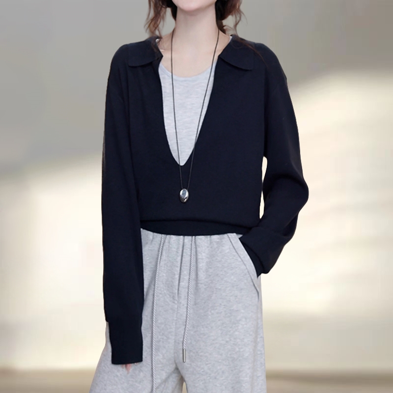 春秋慵懒风百搭V领假两件长袖毛织衫大码胖妹妹减龄拼接显瘦上衣