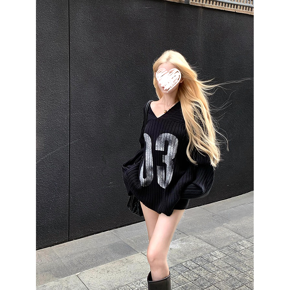 美式慵懒V领毛衣秋季女复古宽松长袖针织衫 81126