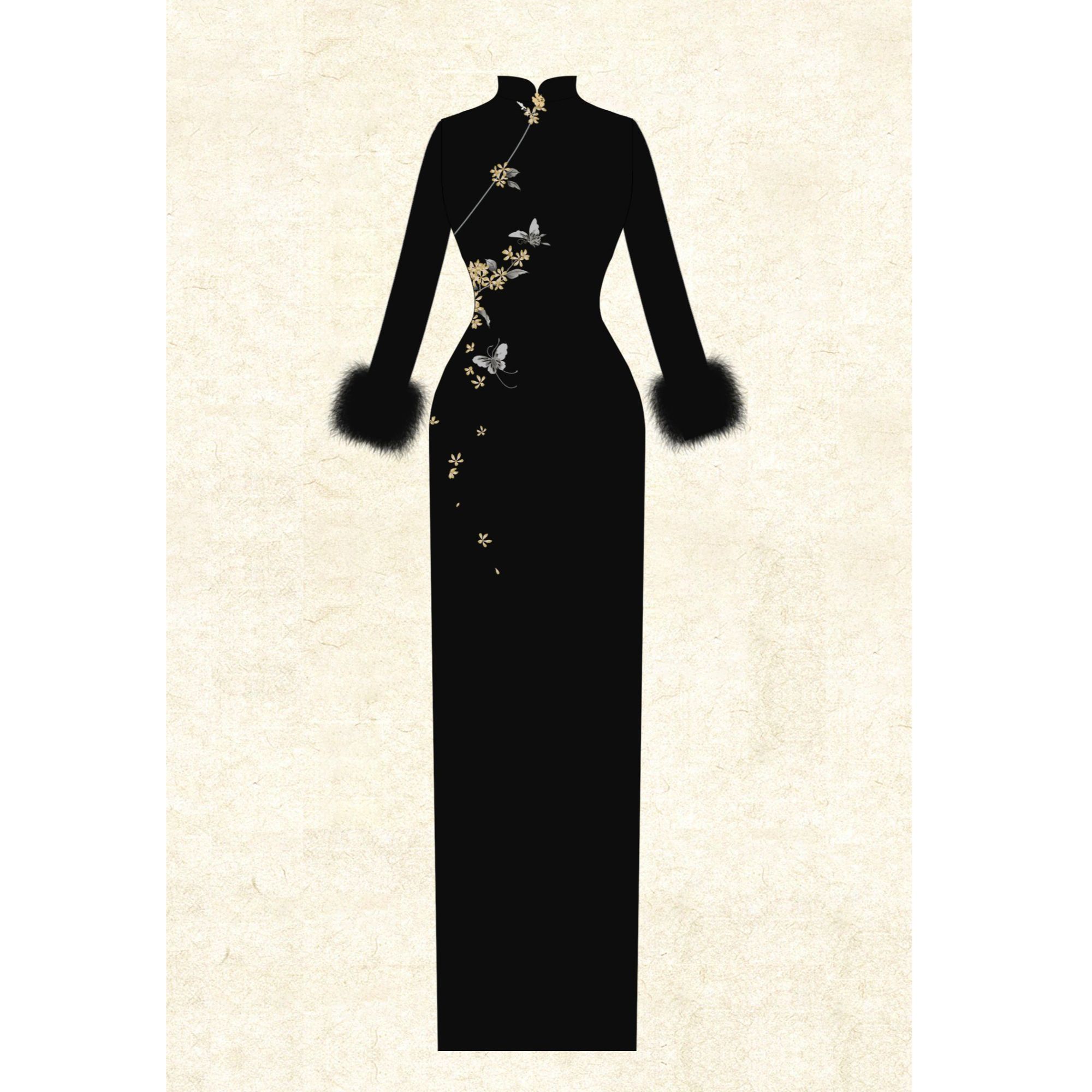 【尔尔古典美学】b复古新中式刺绣旗袍【桂香（黑）】秋冬修身中国风