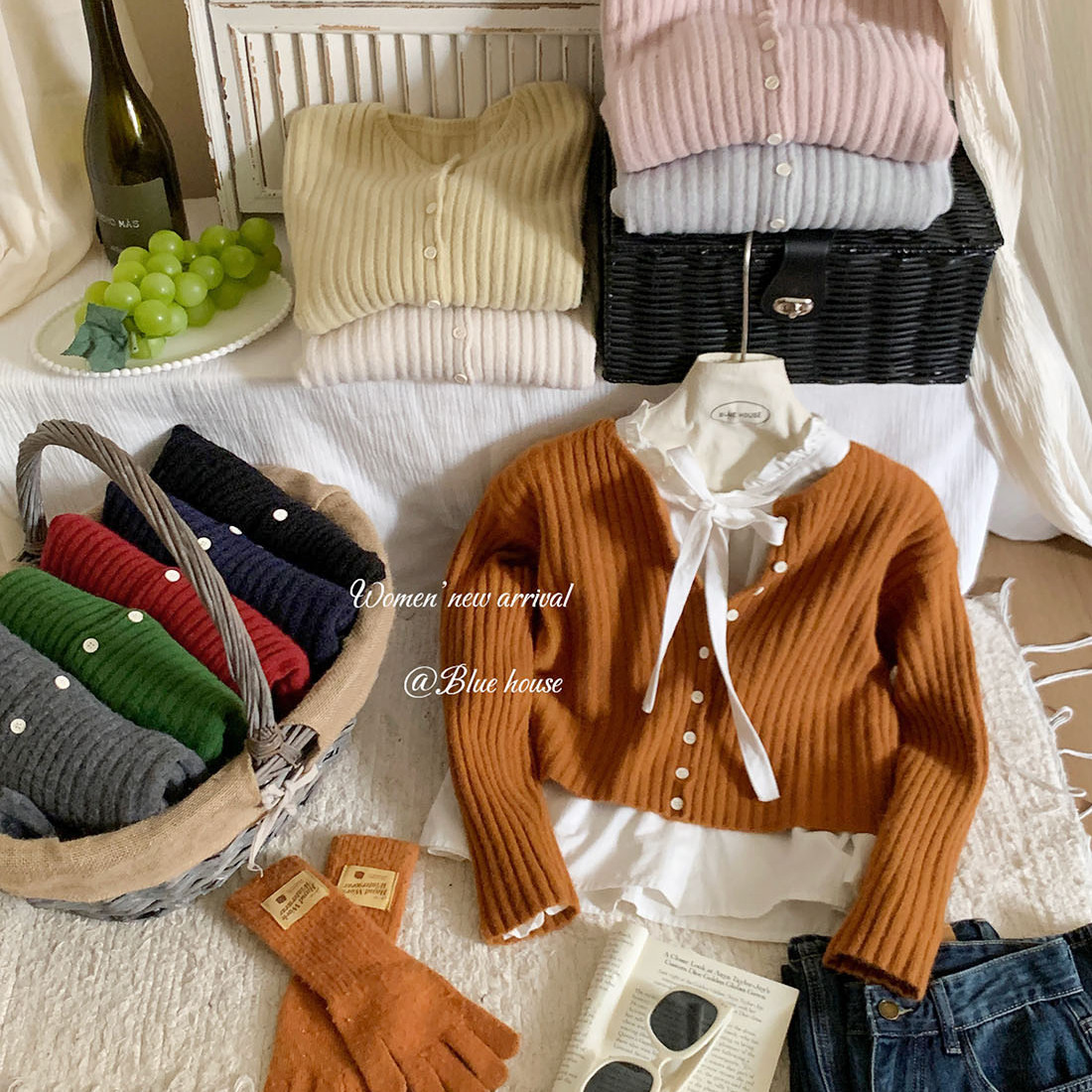 软糯坑条长袖落日南瓜橘针织开衫女秋冬短款显白洋气圆领毛衣外套