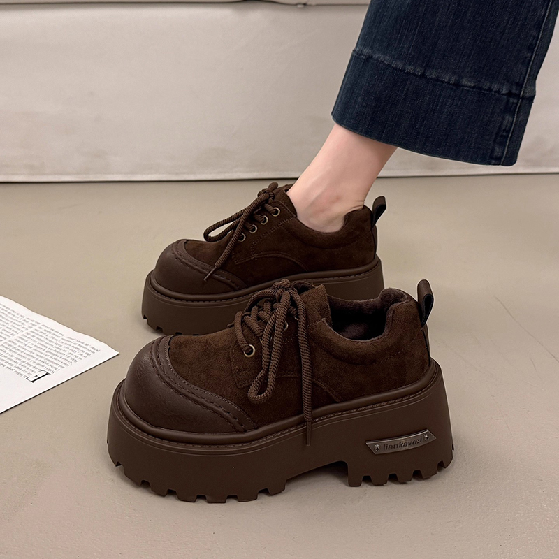 法式增高厚底单鞋女秋冬季加绒2025新款勃肯鞋大头系带英伦小皮鞋