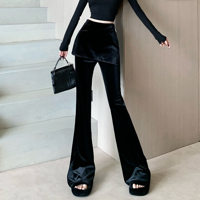 黑色假两件丝绒微喇裤裙女秋冬设计感屁帘高腰显瘦垂感拖地喇叭裤