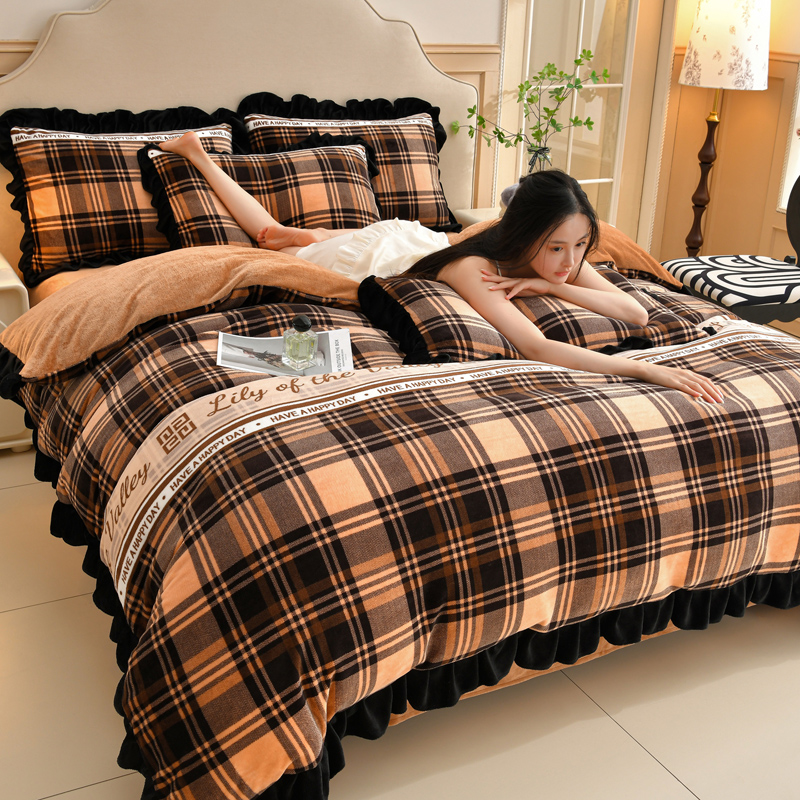 韩版花边牛奶绒四件套冬季加厚珊瑚绒2025新款法兰绒床上用品被套