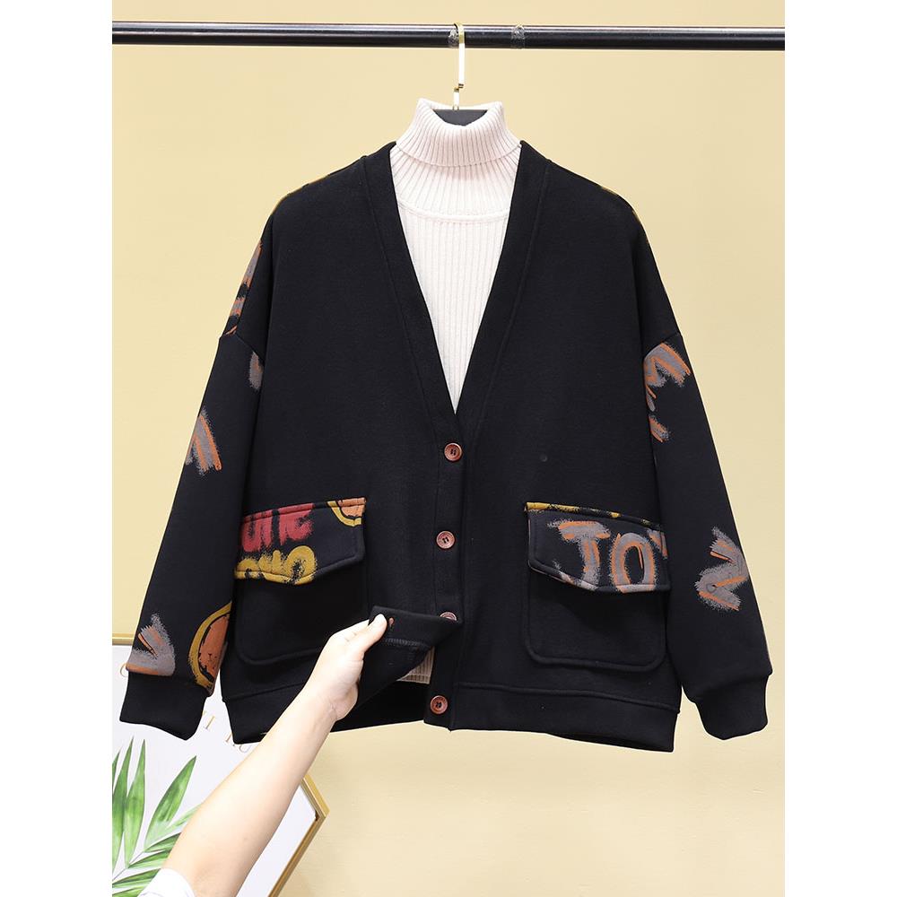 字母印花拼接加绒短款外套女年秋冬新款韩版宽松百搭网红上衣