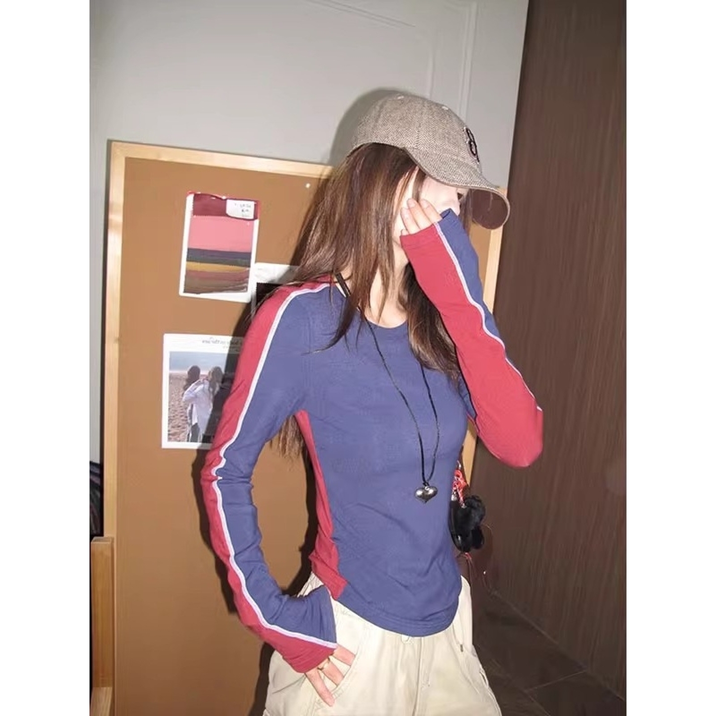 设计感双面拼接长袖女秋冬新款修身显瘦百搭加绒舒适打底上衣女