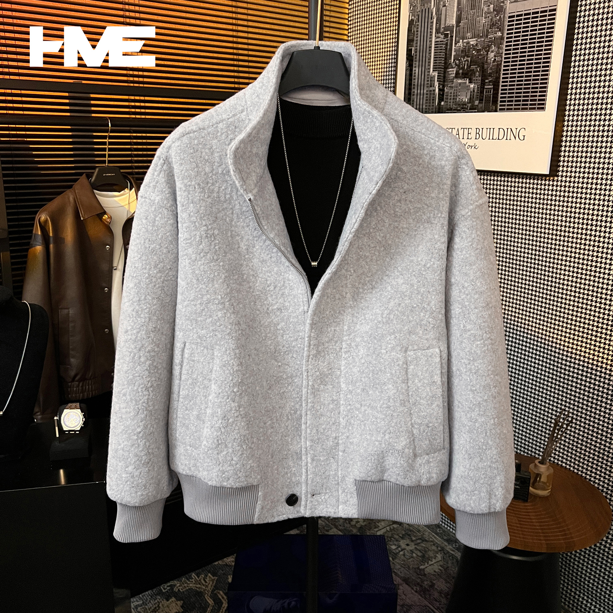 【HMEYAO】【高智感格雷色系】原创冬季极简保暖凤圈呢立领夹克外套