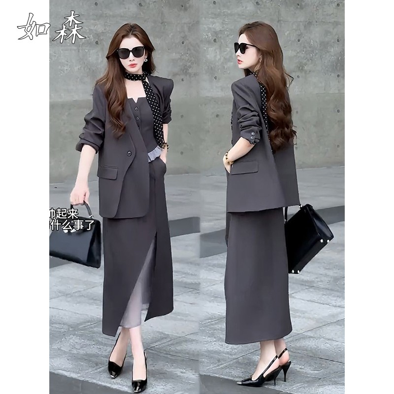 2025秋季新款覆古通勤西装套装女高级感西服外套背心半身裙三件套