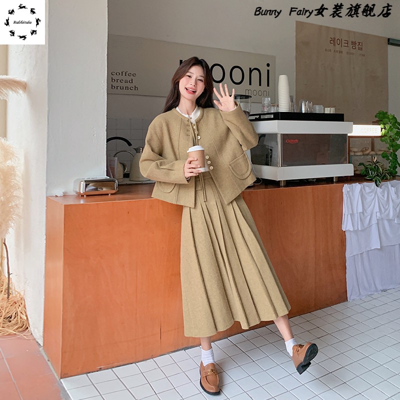 卡其色气质小香风毛呢套装裙女秋冬季2025新款高级感半身裙两件套
