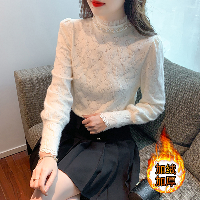 加绒加厚半高领蕾丝打底衫女士秋冬季减龄小衫法式高级感钉珠上衣