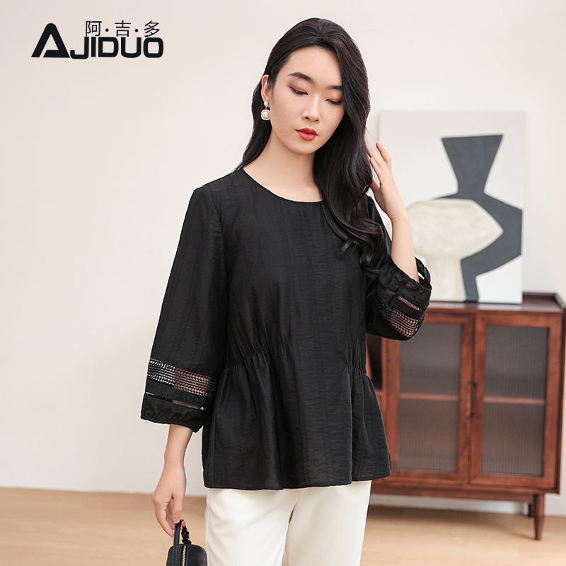 A31366阿吉多黑色衬衫女春秋新款气质圆领九分袖复古小衫大码上衣