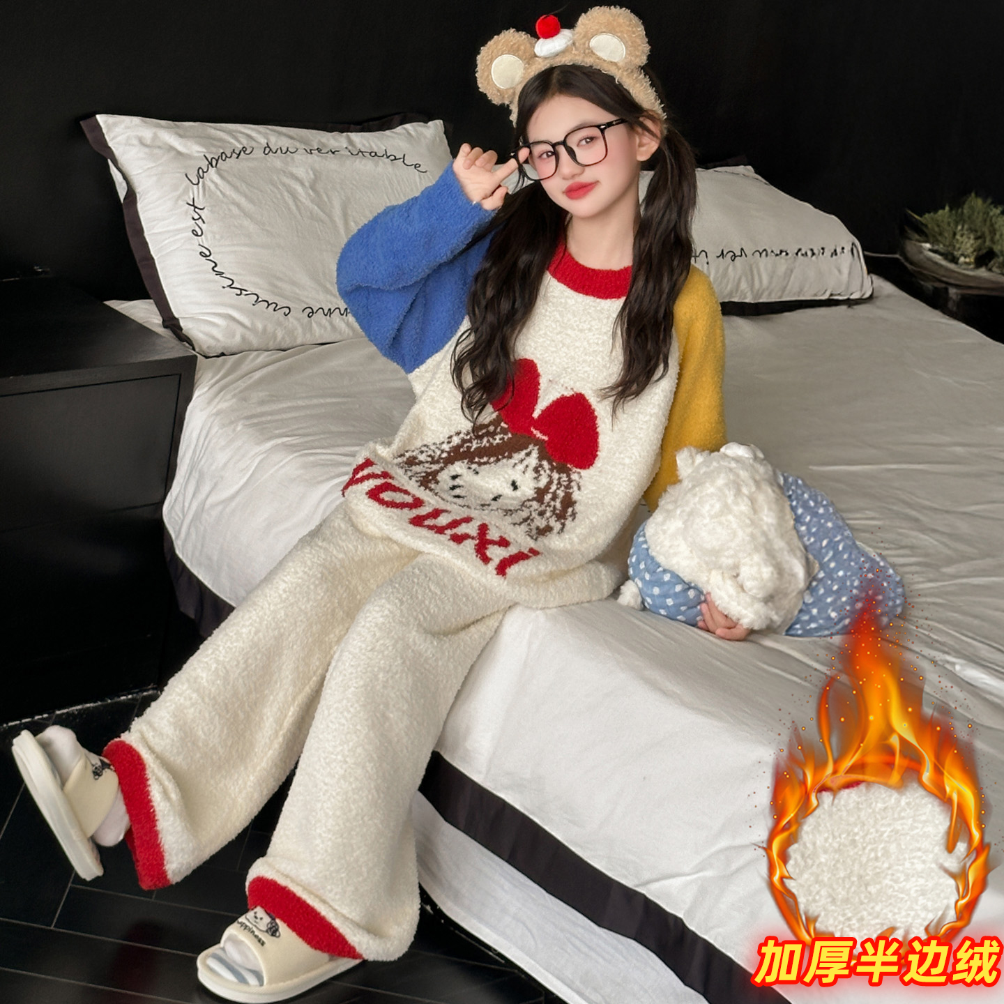 儿童秋冬睡衣2025新款女童冬季珊瑚绒家居服女大童加厚半边绒套装