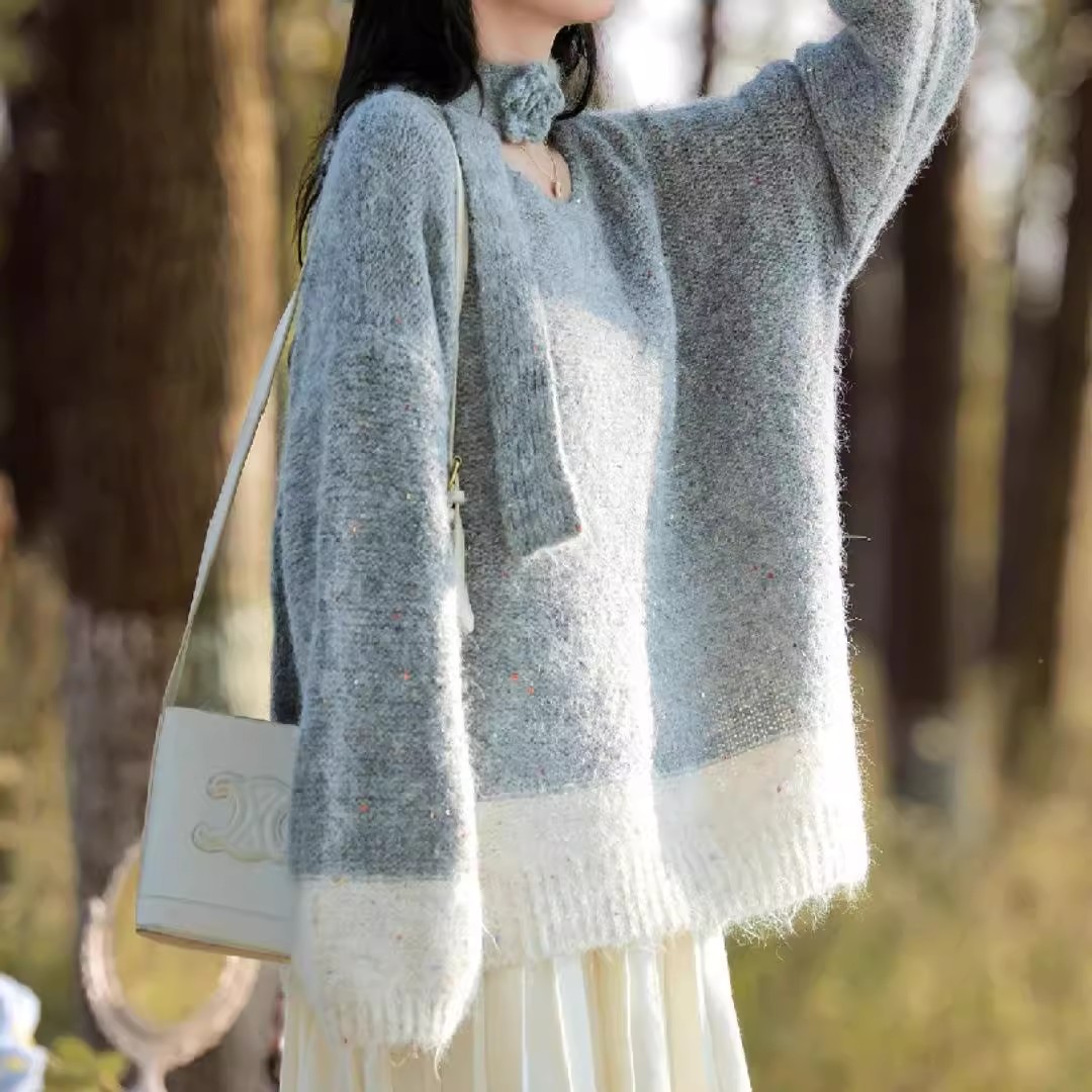 MISU/糜素韩系高级感蕾丝系带蝴蝶结蓝色毛衣秋冬慵懒风显瘦穿搭