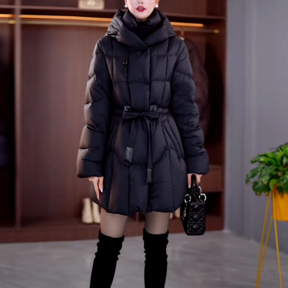 加厚五防免洗时尚连帽羽绒服2025冬季新款女士韩版收腰白鸭绒外套