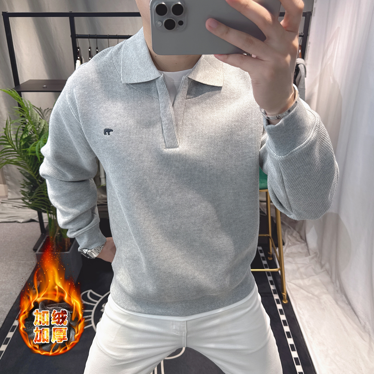 欧洲站男士polo领针织卫衣假两件时尚简约长袖上衣男宽松潮牌刺绣